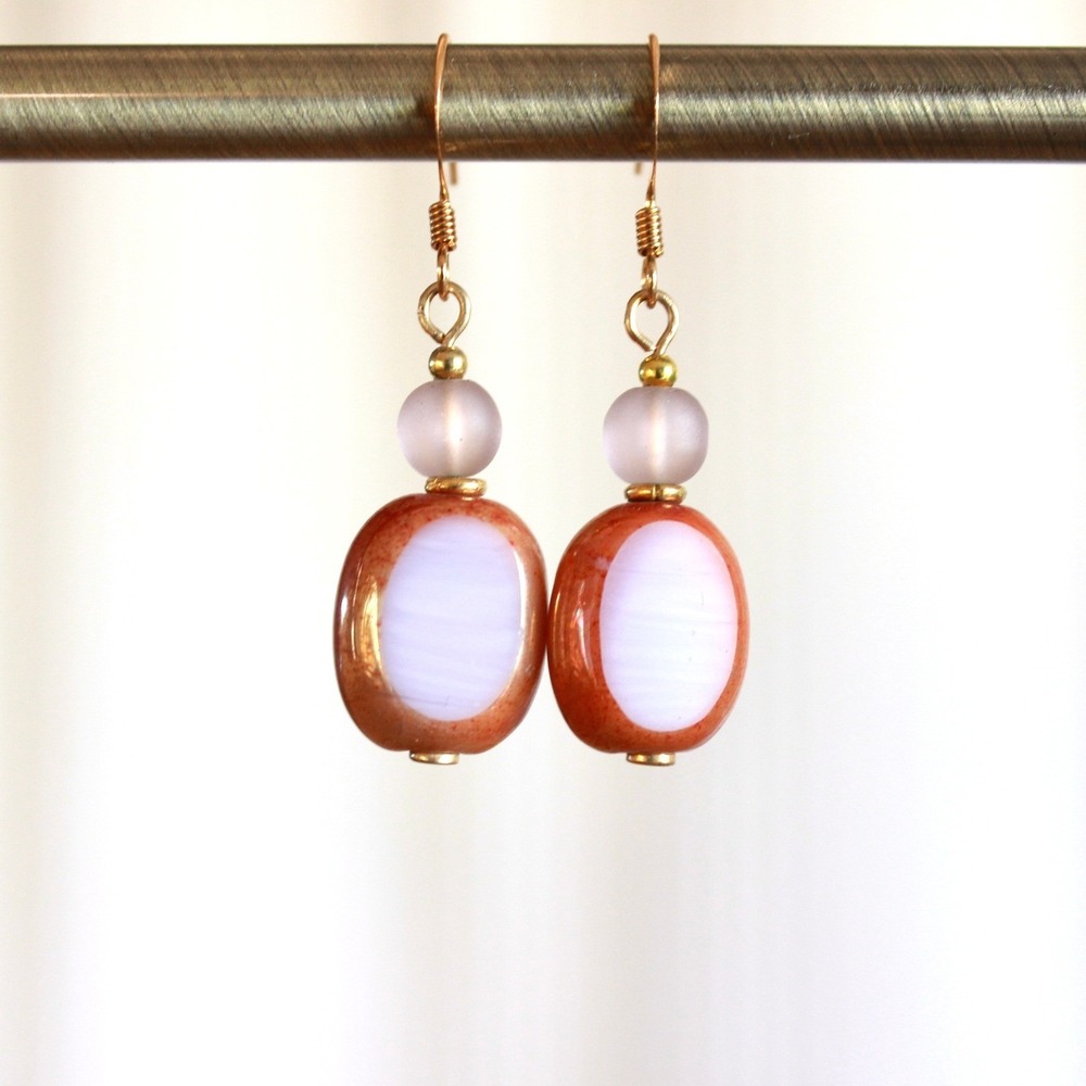 Handmade Glass Bead Drop Earrings‎ Orange Lavender Gold Tone French Hook Artisan
